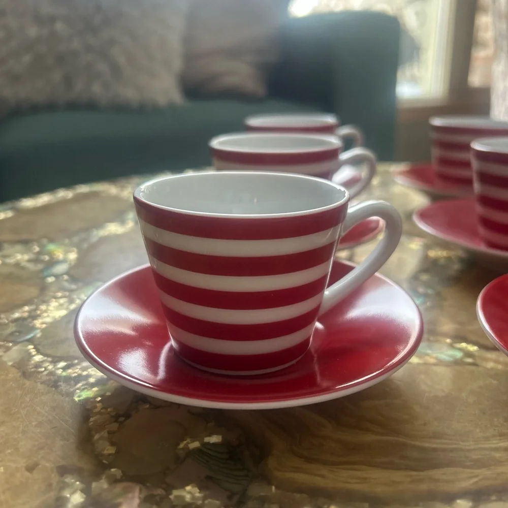 Crate&Barrel Red and White Striped Espresso Cup and Saucer Set